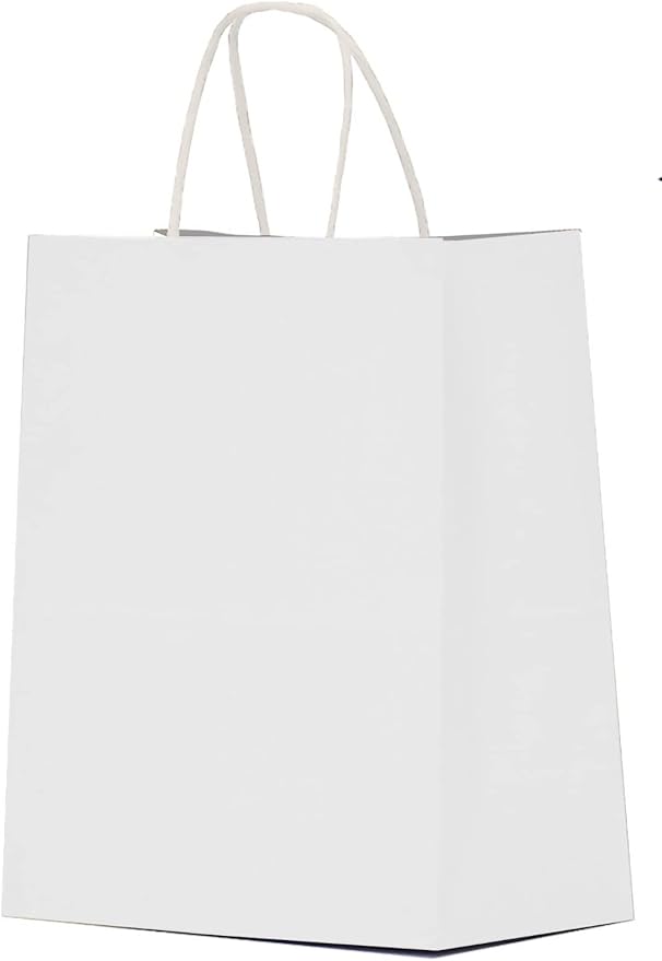 Qutuus White Paper Gift Bags with Handles Bulk 25 pcs 8x4.5x10 Medium White Paper Bags for Gifts, Valentines, Shopping, Re...