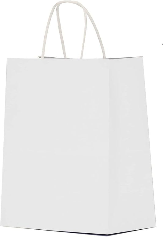 Qutuus White Paper Gift Bags with Handles Bulk 25 pcs 8x4.5x10 Medium White Paper Bags for Gifts, Valentines, Shopping, Re...