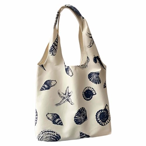 Beach Inspired Canvas Tote Bag For Women, Nautical Seashell And Starfish Print, Casual Shoulder Bag Aesthetic, Cute Small ...