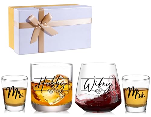 JOVGANK Wedding Gifts for Couples 2026, Bridal Shower Gifts, His and Hers Glass, Mr and Mrs Shot Glass, Hubby and Wifey Gi...