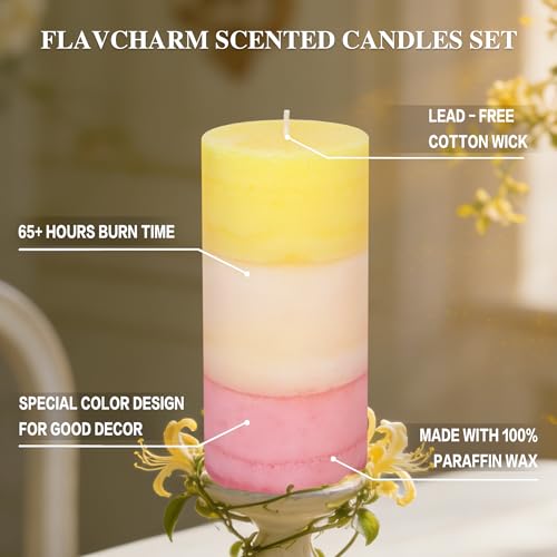 FLAVCHARM Sweet Honeysuckle Scented 3x6 Inch Pillar Candles Yellow White Pink Layered Aesthetic Decorative Home fragrances...