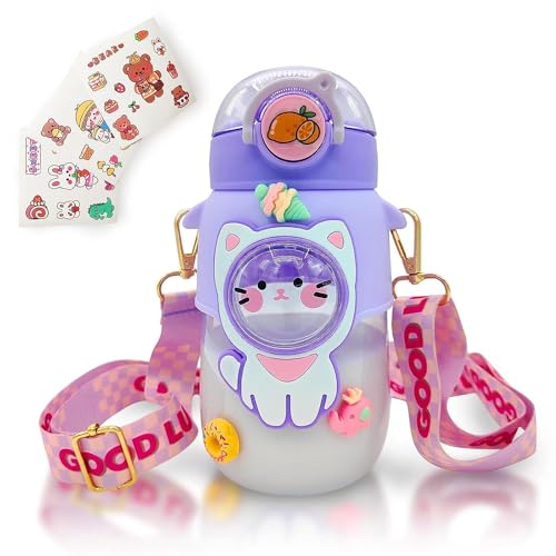 Kawaii Water Bottle Cute Water Bottles for Girls, Kawaii Water Bottle with Straw and Adjustable Strap, Portable Leakproof ...