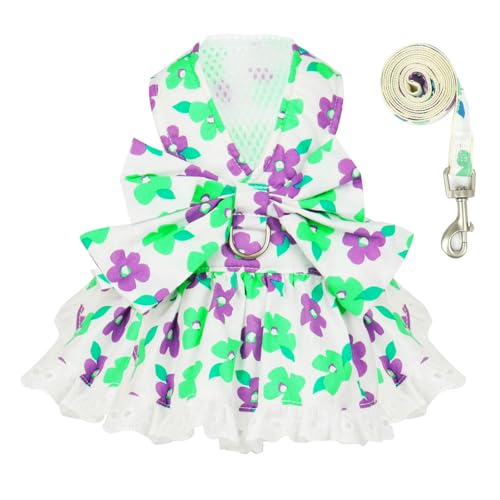 ABRRLO Dog Harness Dress Leash Set for Small Dog Summer Clothes Girl Female Puppy Cats Outfits Cute Floral Bowknot Princes...