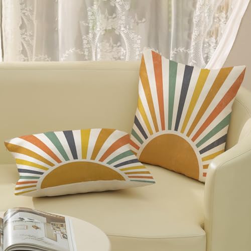 GOLIANDA Boho Pillow Covers 18x18 Set of 2 Stripes Colorful Yellow Sunshine Decorative Pillow Cases Summer Rainbow Sun Out...