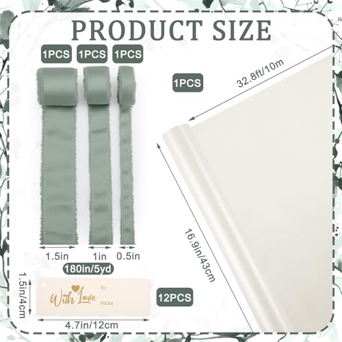 Ctosree Sage Green Wedding Gift Wrap Kit 32.81ft Wrapping Paper 3 Widths Fringe Satin Ribbon 12 Kraft Tags Elegant Packagi...