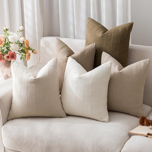 SINYASAN Soft Linen Striped Throw Pillow Covers 18"x18" Set of 2, White Textured Decorative Pillow Cases for Sofa Bedroom ...