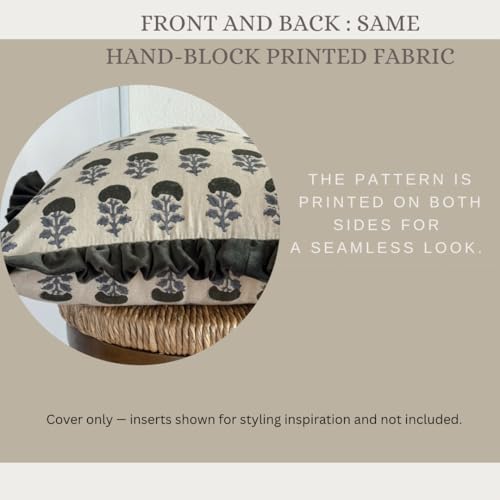 Palm & Loom 100% Cotton Linen Cushion Cover - Aira Decorative Throw Pillow Case with Dark Green & Blue with Ruffle - Moder...