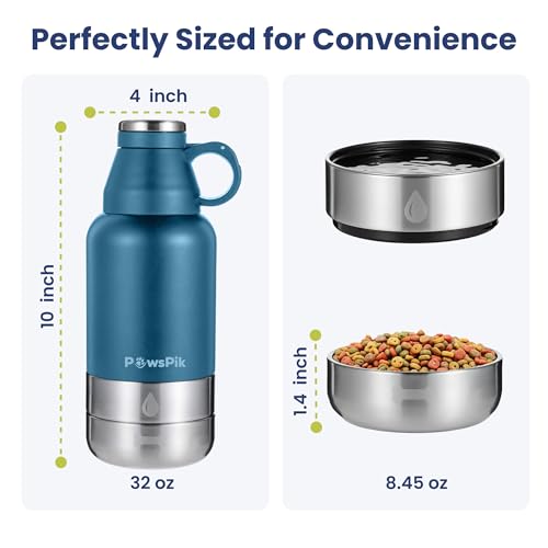 PawsPik 32oz 3-in-1 Travel Dog Water Bottle & Bowl Set – Stainless Steel Vacuum-Insulated Bottle with Detachable Food & Wa...