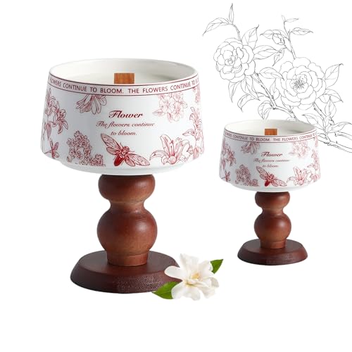 Handmade Soy Scented Candle Set of 2 -Vintage Ceramic Jar with Natural Wood Base, Fresh Camellia Fragrance, Aromatherapy C...