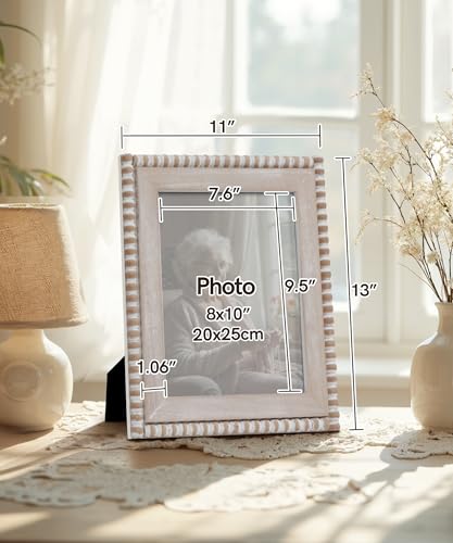 Afuly 8x10 Farmhouse Picture Frame Boho White Beads Photo Frame Wooden Distressed Wall Hanging Desk Standing Decor Artwork...