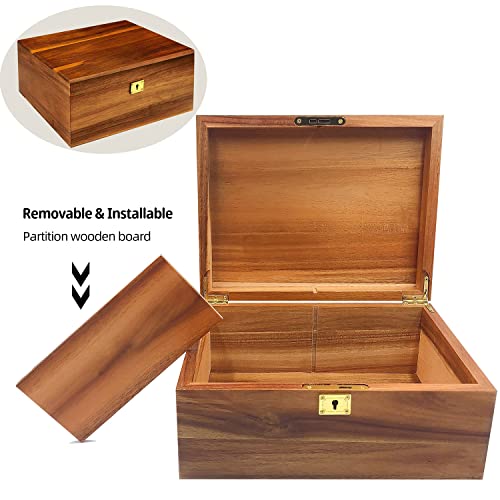 WELITTCON Wood Box Large Decorative Wooden Storage Box with Hinged Lid and Locking Key Premium Acacia Keepsake Chest Box M...