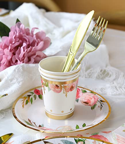 Luxury Floral Paper Plates and Napkins Party Supplies - Serves 16 - Pink and Gold Flower Decoration for Floral Baby Shower...