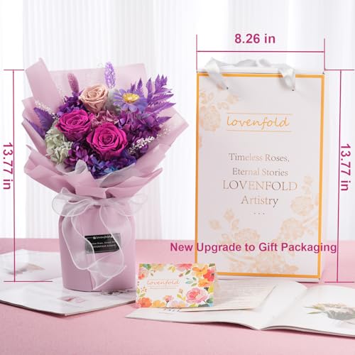 lovenfold Preserved Flowers for Delivery, Purple Rose Bouquets That Last 1-3 Years, Birthday Flowers Gifts for Women Mom G...