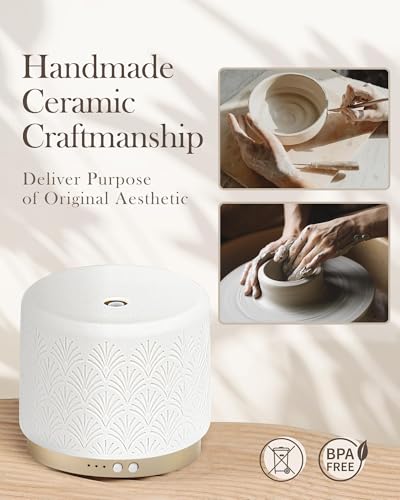 Ceramic Essential Oil Diffuser, 280ml 2.4MHz Ultrasonic Cool Mist Aromatherapy Diffuser with 12H/24H Runtime,Auto Shut-Of...