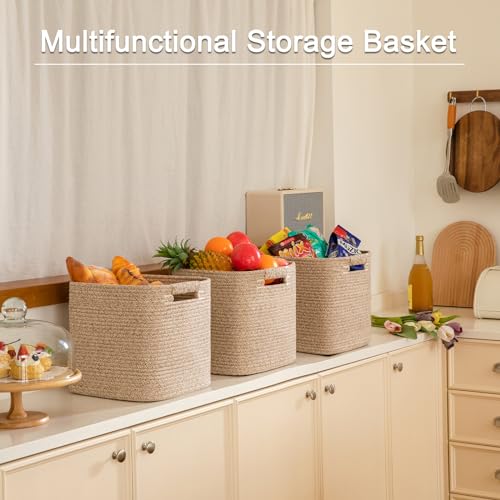 OIAHOMY Storage Cubes 11 Inch Storage Bins-3-Pack, Cotton Rope Woven Baskets for Organizing, Square Storage Baskets for Sh...