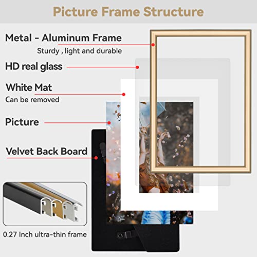 Fkvat 4x6 Picture Frame Set of 4, Matted Brass Simple Modern Brushed Thin Aluminum Metal Photo Frame Fits 3x5 with Mat or ...