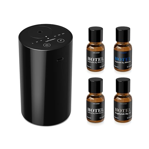 Airversa Waterless Essential Oil Diffuser Starter Kit with 4 x 10mL Hotel Scent Fragrance Oil, Battery Operated Mini Scent...