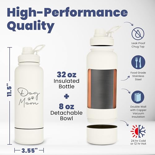 Dog Mom Water Bottle - 32 oz Stainless Steel Double Wall Insulated with 8 oz Detachable Bowl on Bottom - Cool Dog Mom Gift...