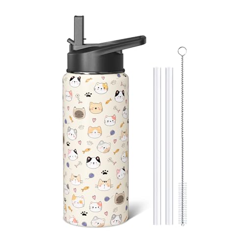 Sabobo 18oz Cats Water Bottles with Flip Straw & Spout Lid, Double Wall Stainless Steel Travel Sport Bottle, Cream Gym Gif...