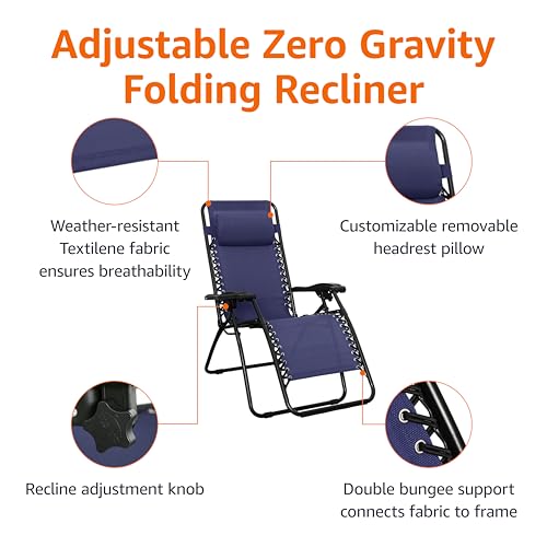 Amazon Basics Outdoor Patio Zero Gravity Lounge Chair with Pillow, Folding Reclining and Textilene Adjustable, Folding Lou...