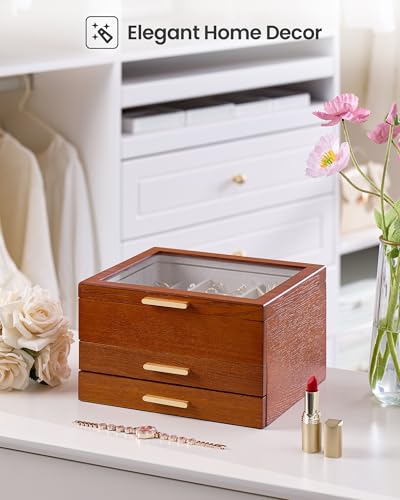 Lolalet Jewelry Box, Clear Window Wood Grain Jewelry Storage for Earrings Bracelets Necklaces Rings, High Capacity Organiz...