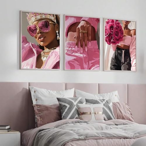 3Pcs Pink Fashion Black Woman Canvas Wall Art African American Women Wall Decor Funky Black Girl Posters prints Abstract F...