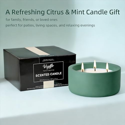 Viyffo Large Citrus & Mint Candle Outdoor, 3 Wick 20oz Scented Candle Indoor, Non Toxic Soy Candle, Green Ceramic Jar for ...