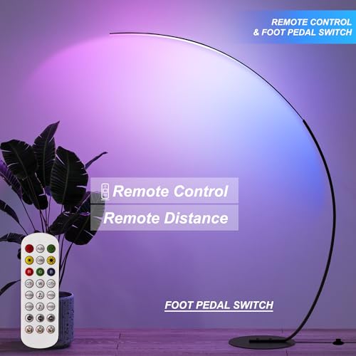 E.P. Light RGBW Modern 69.99 inch Arched Standing Reading Floor Lamp with Remote - Dimmable Black Led Color Changing Curve...