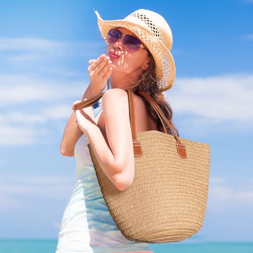 Pleneal Straw Beach Bags for Women - Women Beach Handmade Woven Tote Bag, Summer Mesh Hollow Shoulder Bag for Holiday
