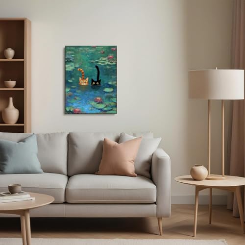 Funny Cat Canvas Wall Art Impressionist Water Lily Painting Picture Wall Decor Modern Cute Animal Lover Poster Print Artwo...