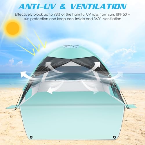 Large Easy Setup Beach Tent,Anti-UV Beach Shade Beach Canopy Tent Sun Shade with Extended Floor & 3 Mesh Roll Up Windows F...