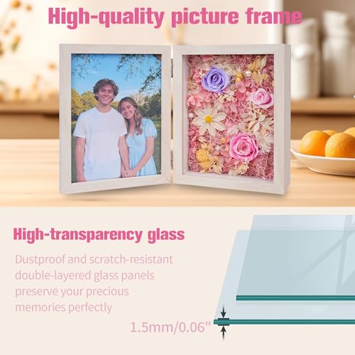 5x7'' Shadow Box Picture Frame Double Photos with Preserved Flowers, Real Floral Deep Wood Shadow Box Display Case Desktop...