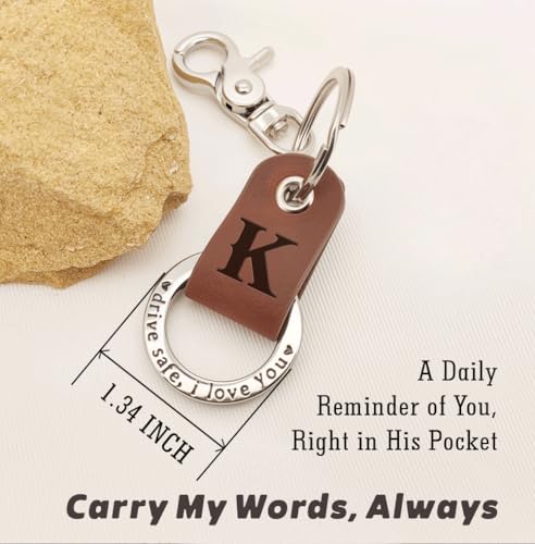 Custom Engraved Leather Keychain, Personalized Initial Key Ring for Him, Stainless Steel Couple Gift for Men & Women