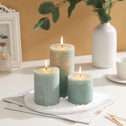 3x4 Inch Sage Green Pillar Candles - Set of 3, Unscented, Long Burning, Smokeless Dripless Candles for Spring Home Decor, ...
