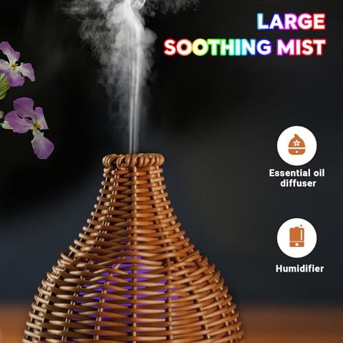 Boho Essential Oil Diffuser for Home Rattan Weaving with Remote Control, 100mL 7 Changing Color Lights Ultrasonic Aroma Hu...