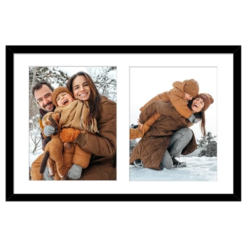 Golden State Art, 12x19 Black Wood Collage Picture Frame with White Mat - Displays Two 8x10 Photos - Real Glass, Sawtooth ...