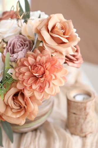 Floroom Terracotta Artificial Flowers Burnt Orange Fake Roses Peonies Dahlia Greenery Combo Box Set for DIY Wedding Bouque...