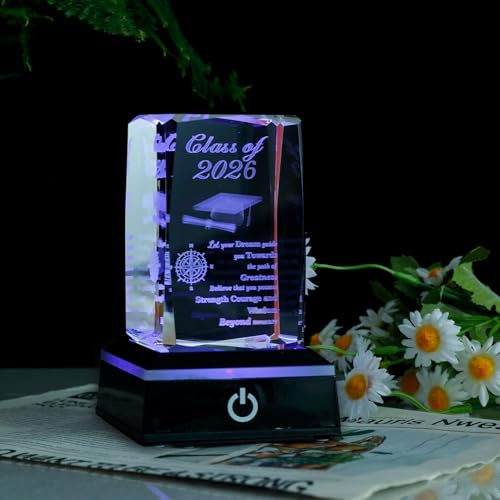 Class of 2026 Graduation Gift, Class of 2026 3D Crystal Laser Engraved Plaque with Glowing LED Base, Meaningful Senior Gif...