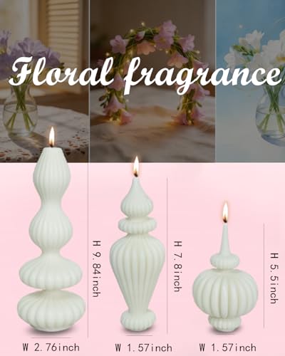 Ribbed Pillar Candles Set of 3，Modern Aesthetic Decorative Candle Set Cute Soy Wax Scented Ribbed Decor for Home Bathroom ...