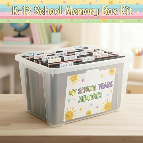 Motipuns 14 Pack K-12 School Memory Box Large Capacity with 16 Memory Questionnaires School Year Organizer Keepsake Scrapb...