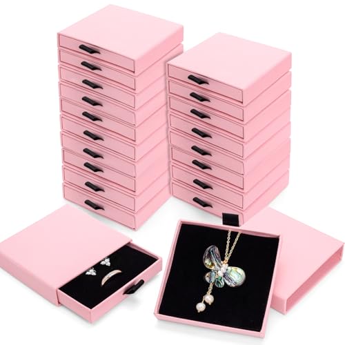 WRINGKIT 20 Pack Pink Jewelry Gift Boxes, Cardboard Jewelry Packaging Boxes with Lid and Black Sponge Lining, Small Empty ...