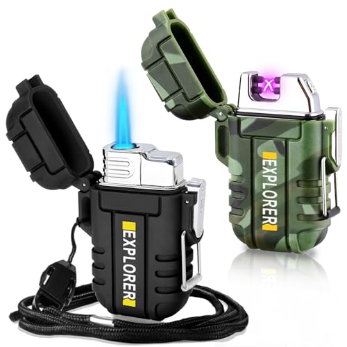 2 Pack Waterproof Lighter Outdoor Windproof Torch Lighters Dual Arc Butane Electric Lighters USB Rechargeable Lighters Fla...