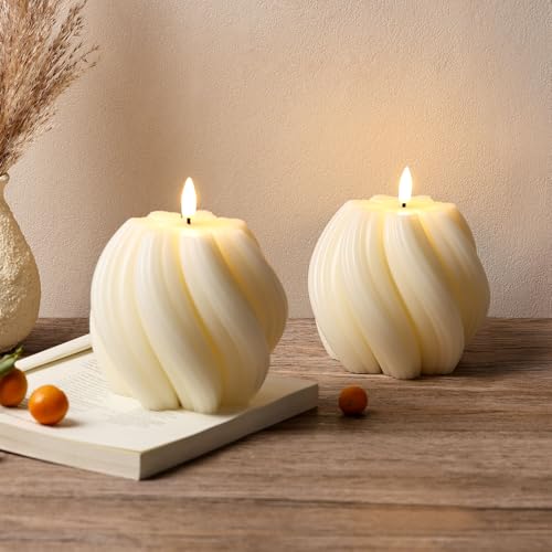 Girimax Cream White Swirl Flameless Candles with Remote, Aesthetic Twirl LED Pillar Candle Housewarming Gift Home Shelf De...