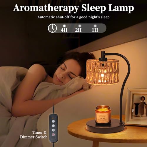 Ruiever Candle Warmer Lamp, Rattan Candle Heater with 2 Light Bulbs, Dimmable and Timer Melt Warmer for Scented Jar Candle...