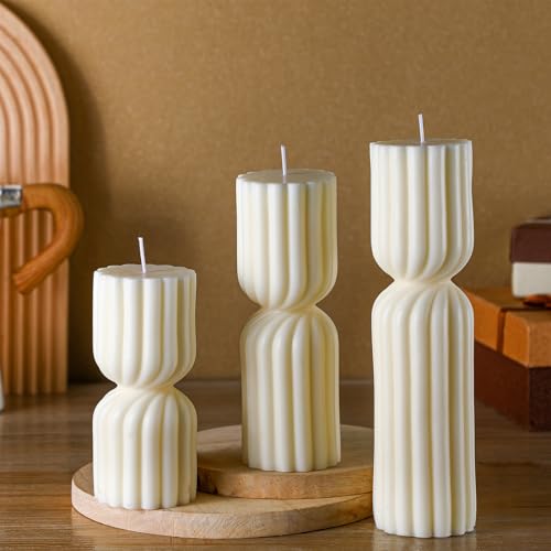 Conelist Ribbed Pillar Candles Set of 3 Width 2.4" High 5.5" 7" 9" Handmade Scented Soy Wax Candle Natural Aesthetic Candl...