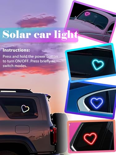 Car LED Ambient Light - Solar-Powered Heart-Shaped LED Neon Light, Wiring Free, Switchable Modes, Romantic Mood Decoratio...
