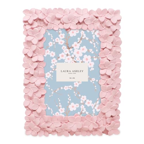 Laura Ashley 4x6 Pink Flower Textured Hand-Crafted Resin Picture Frame with Easel & Hook for Tabletop & Wall Display, Deco...
