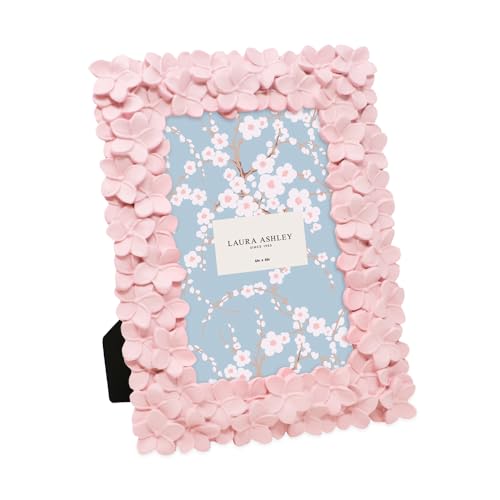 Laura Ashley 4x6 Pink Flower Textured Hand-Crafted Resin Picture Frame with Easel & Hook for Tabletop & Wall Display, Deco...