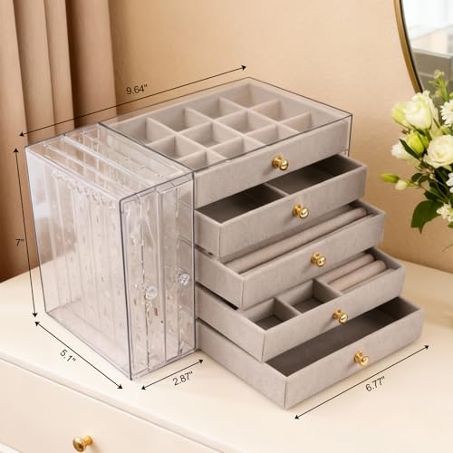 Greenfeather Jewelry Organizer with 7 Removable Drawers, Clear Acrylic Jewelry Box with 16 Necklace Hooks, 48 Pairs of Ear...