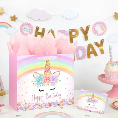 Yusenguan 13" Unicorn Birthday Gift Bag with Greeting Card and Tissue Paper for Baby Girls and Kids Birthday Party (Rainbo...